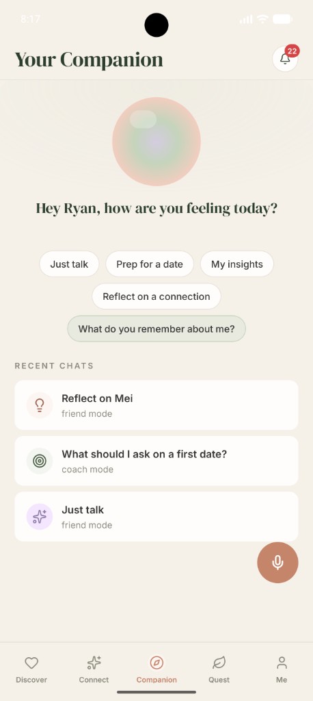 Spring AI companion screen offering to help prepare for a date