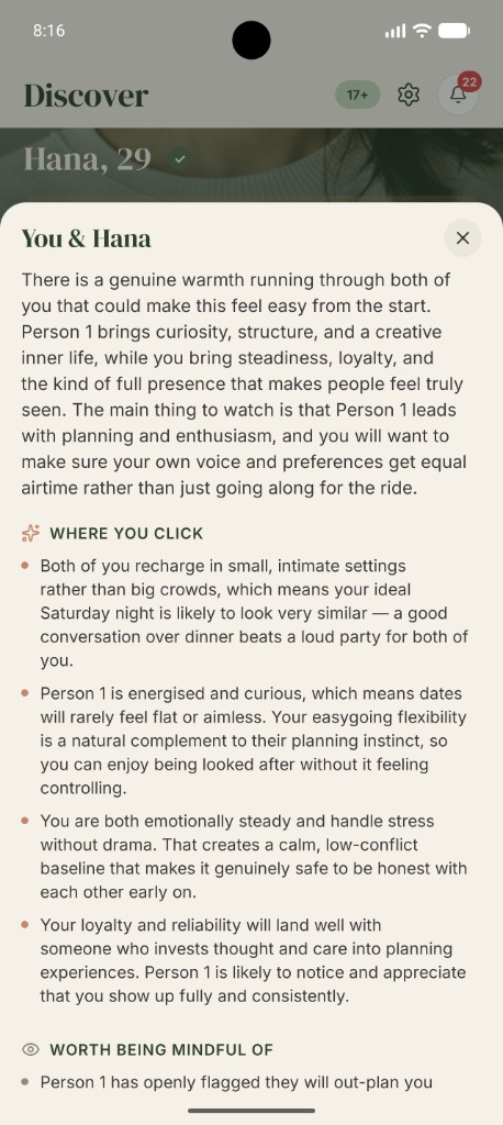 Spring compatibility screen explaining why two people fit