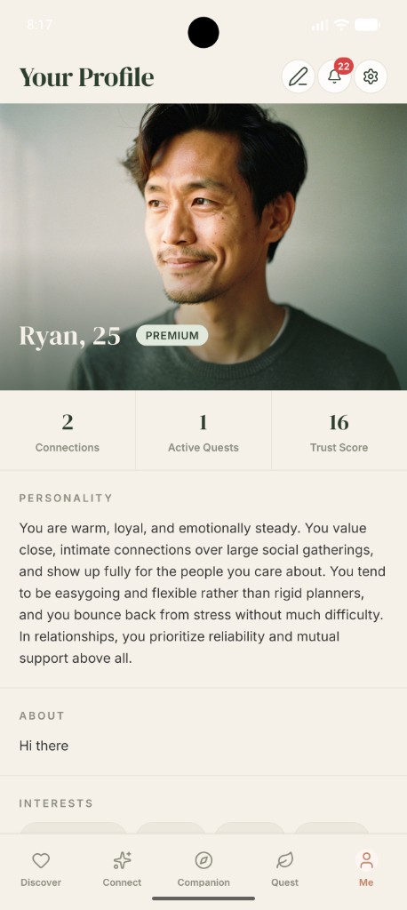 Spring profile screen showing a verified member and trust score